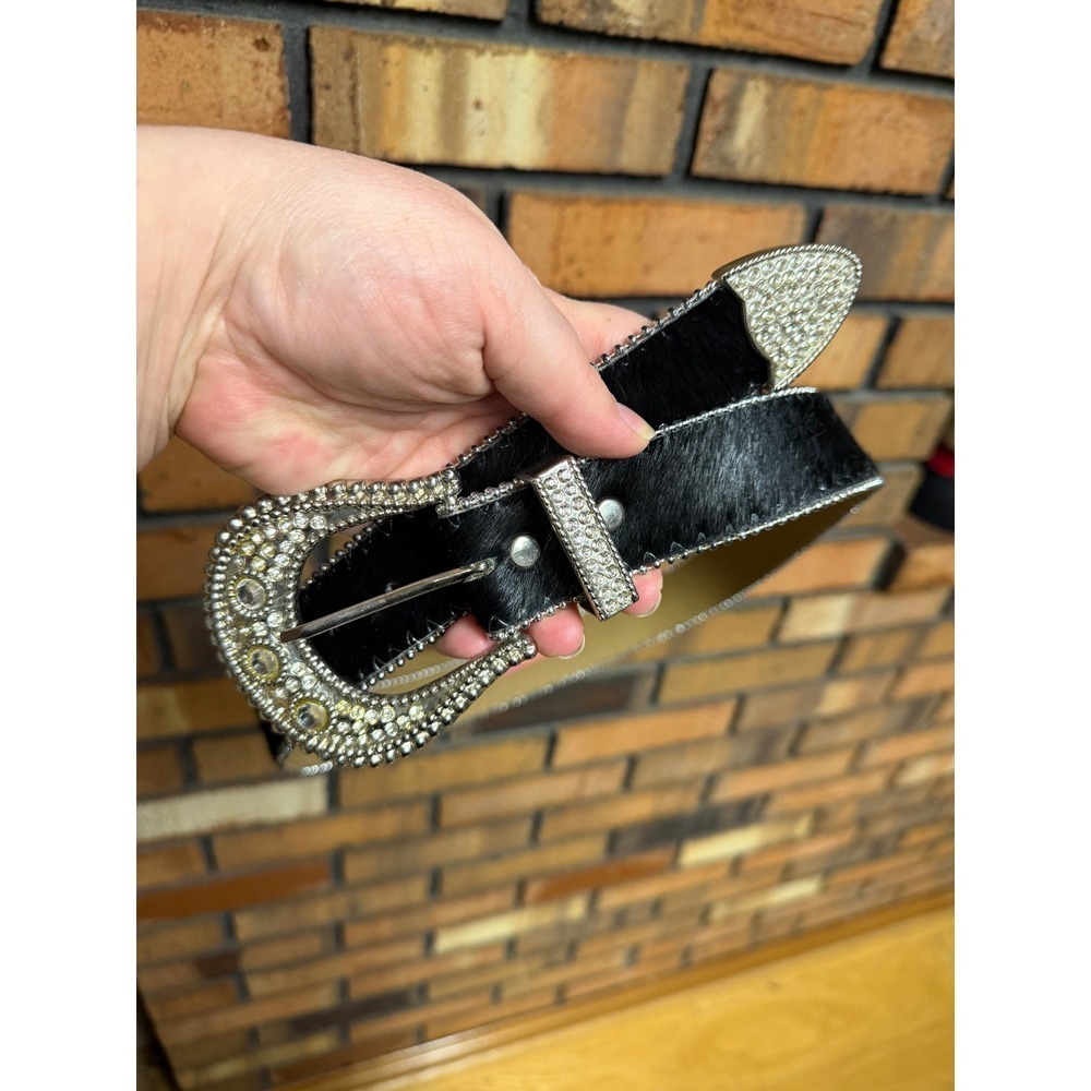 Vintage Cara Couture New York Western Black Calf Hair Belt w/ Rhinestones